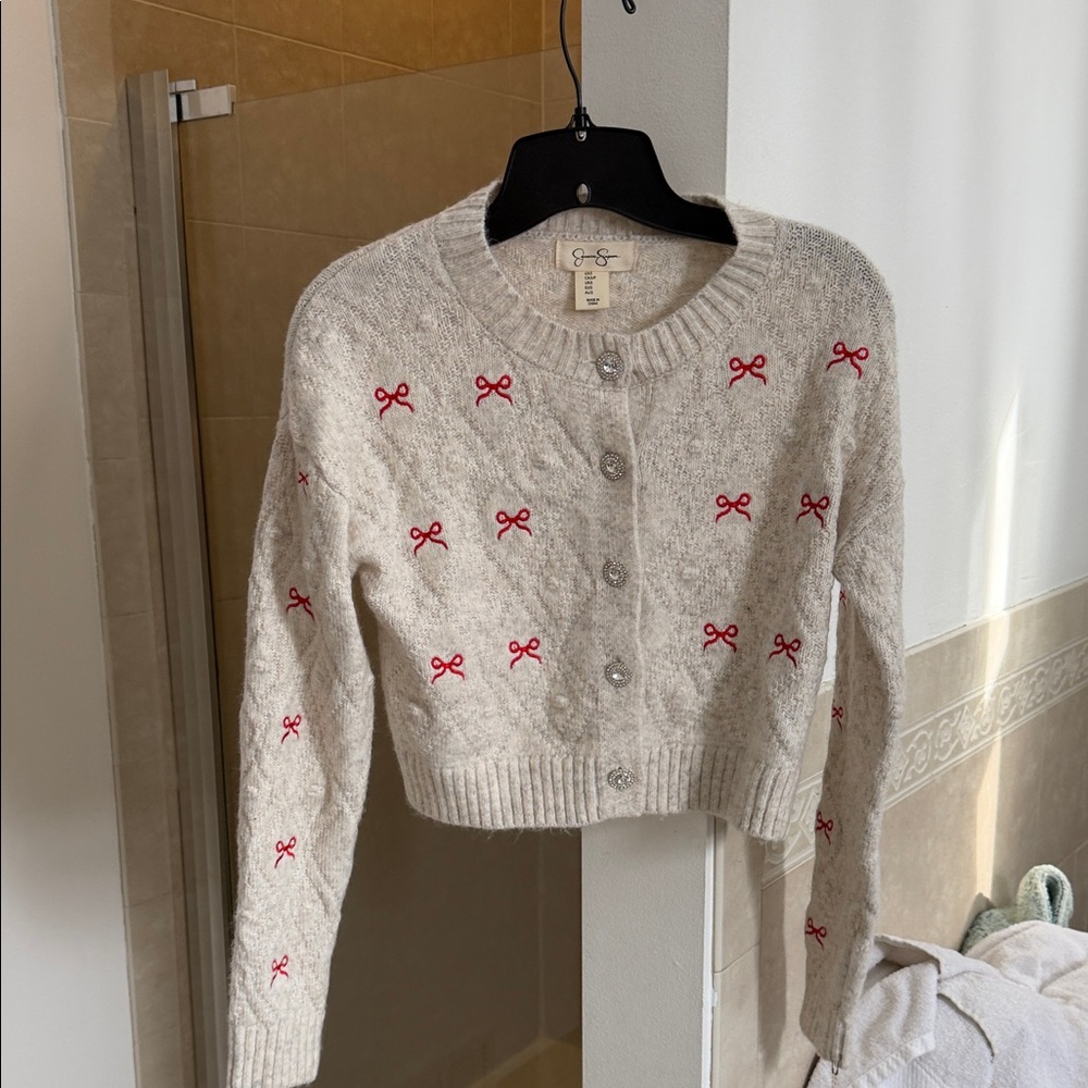 Jessica Simpson Cream Cardigan with Red Bow Accents